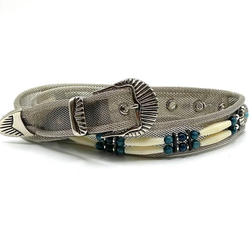 Southwestern Waist Hip Belt Silver Mesh Ivory Bead Faux Turquoise Concho Boho XL
